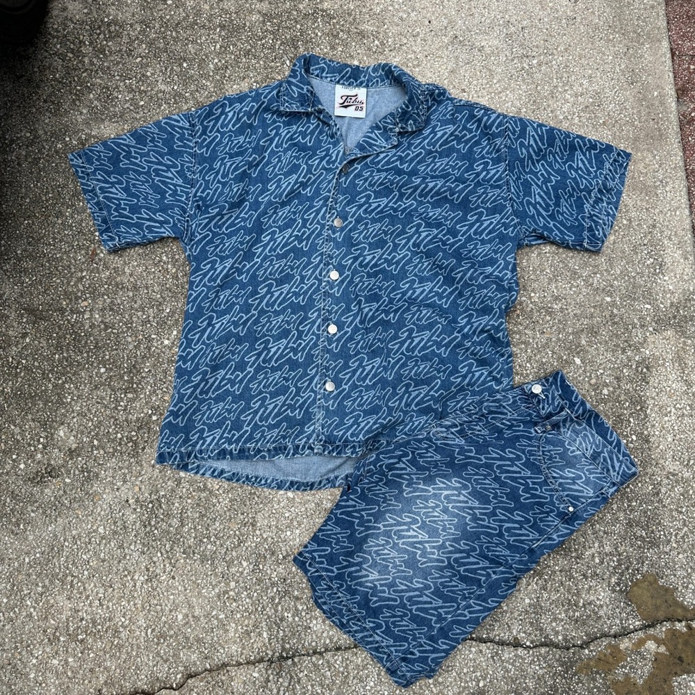 FUBU x Forever 21 Men Denim Set Blue Script Logo Shirt XL Shorts 36 Streetwear